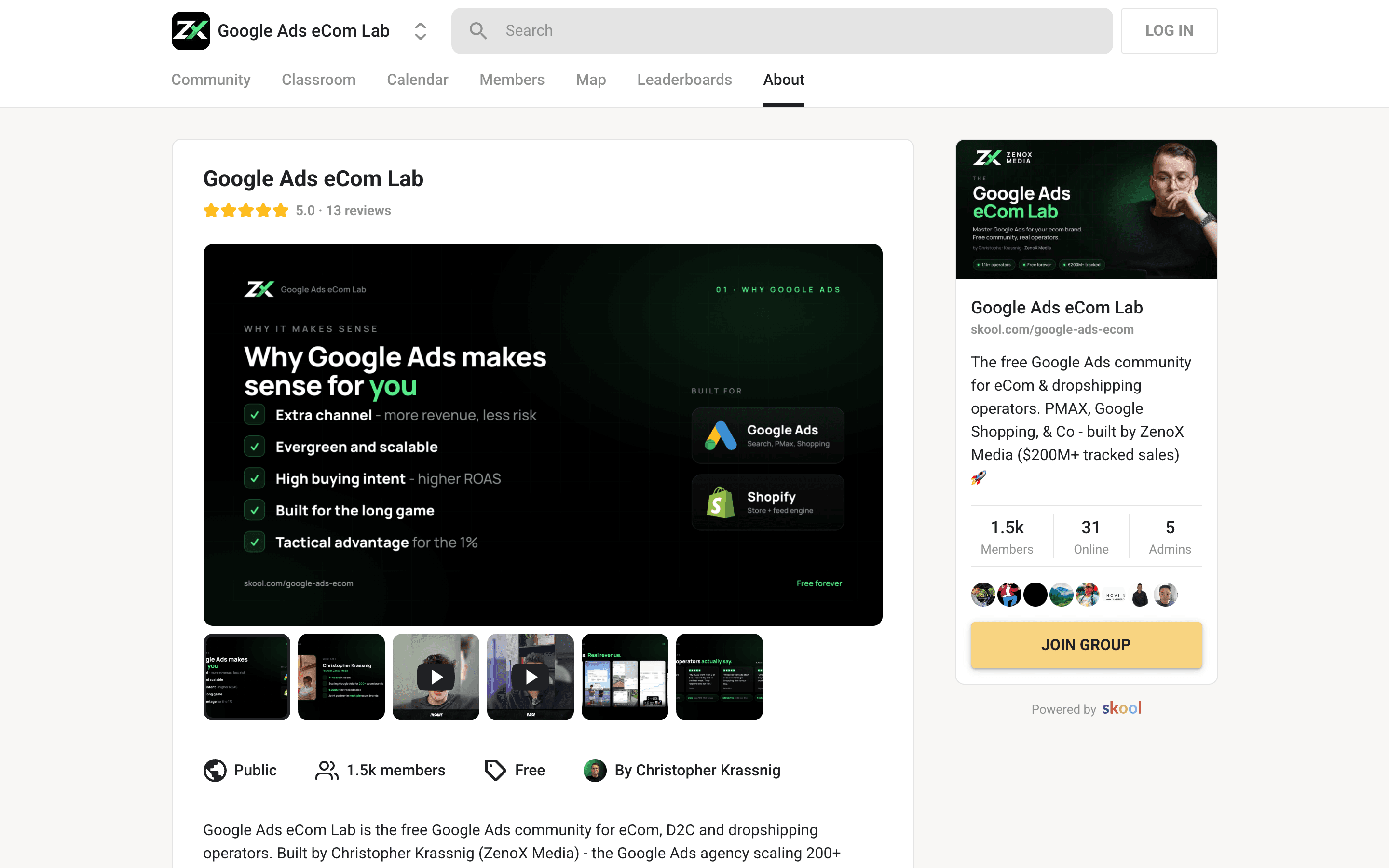 The Google Ads eCom Lab page on Skool, showing its member count, a 5.0 rating from 13 reviews, and the group described as free.