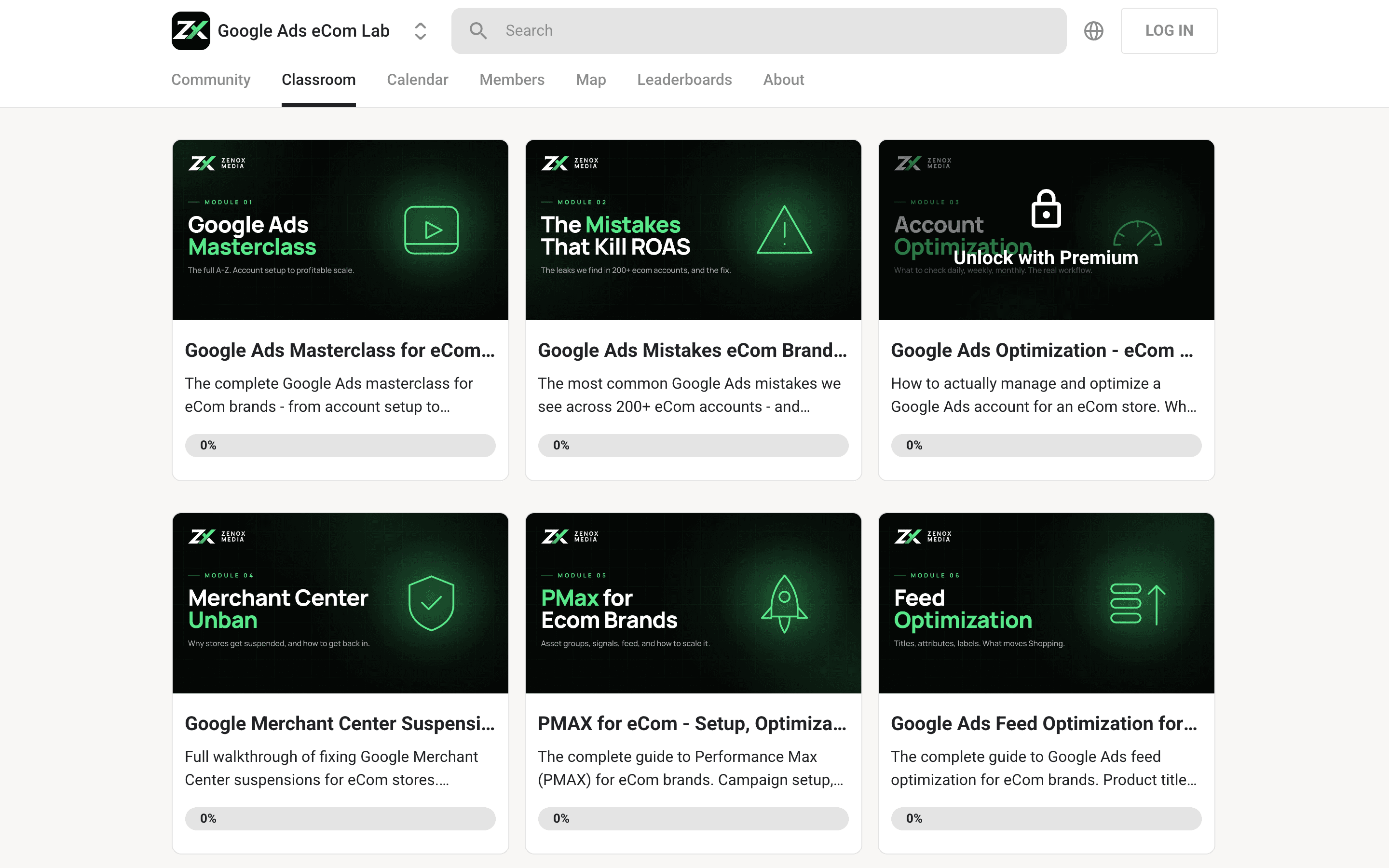 The classroom inside the Google Ads eCom Lab, showing the course modules members work through.