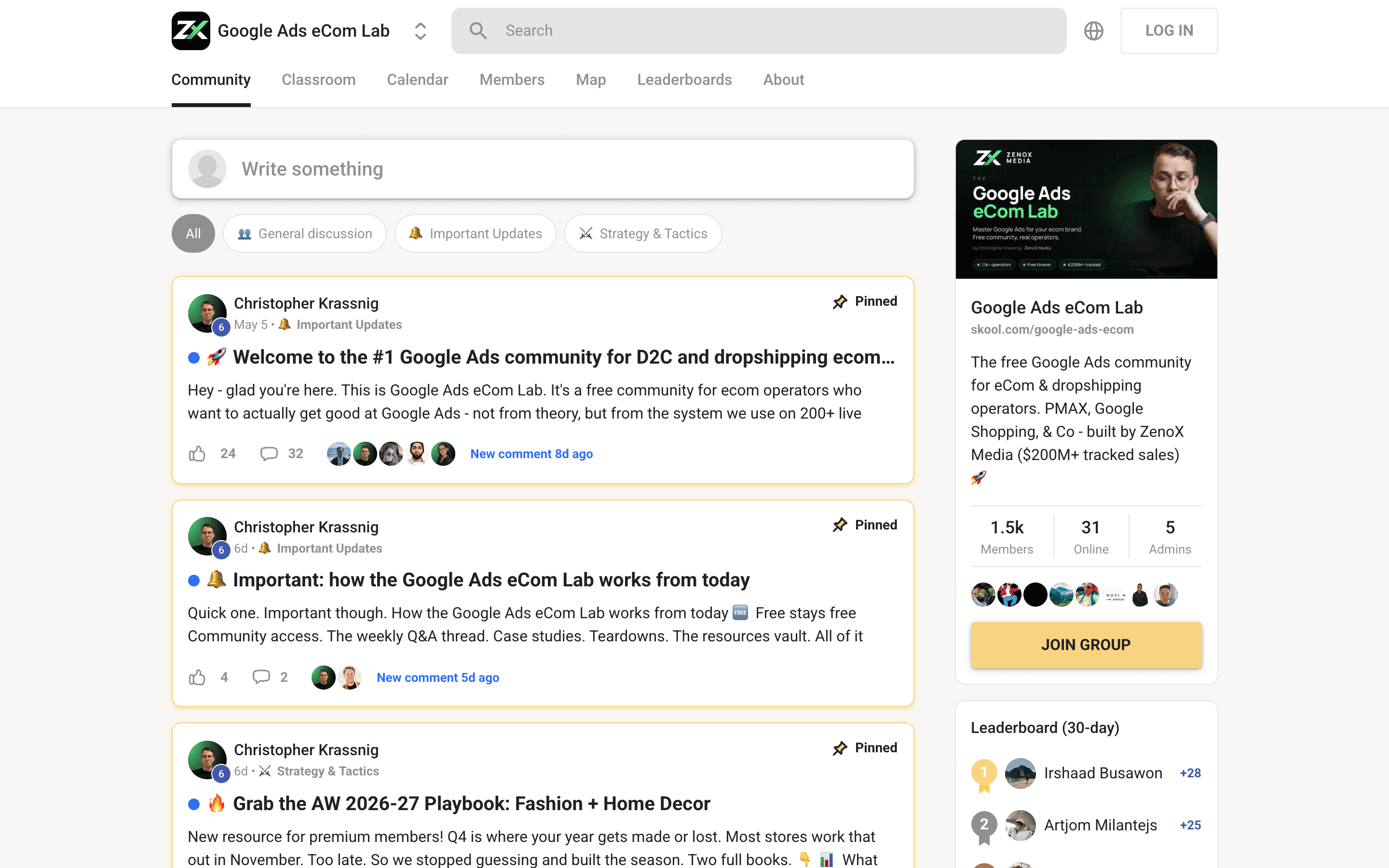 The community feed inside the Google Ads eCom Lab, showing pinned posts from Christopher Krassnig about how the group works and a seasonal Google Ads playbook.