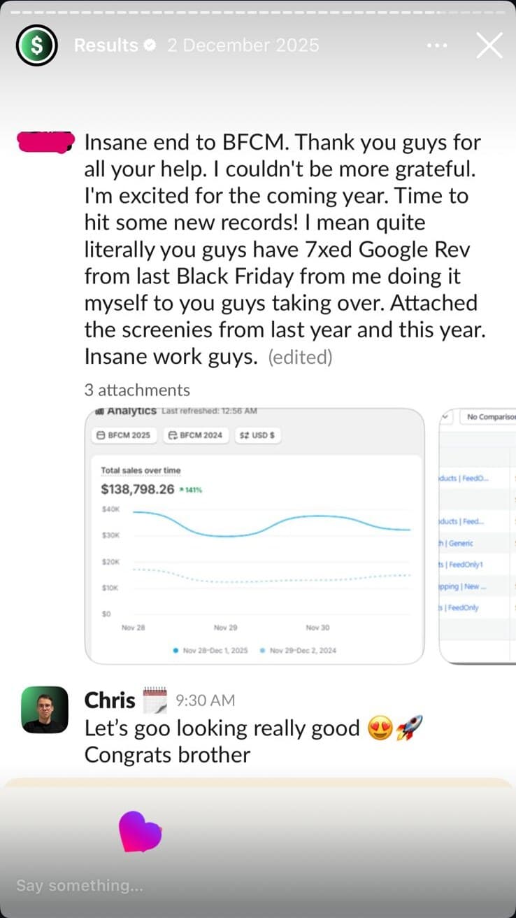 Slack ping: 7x Google revenue from last Black Friday, $138,798 (+141% YoY)